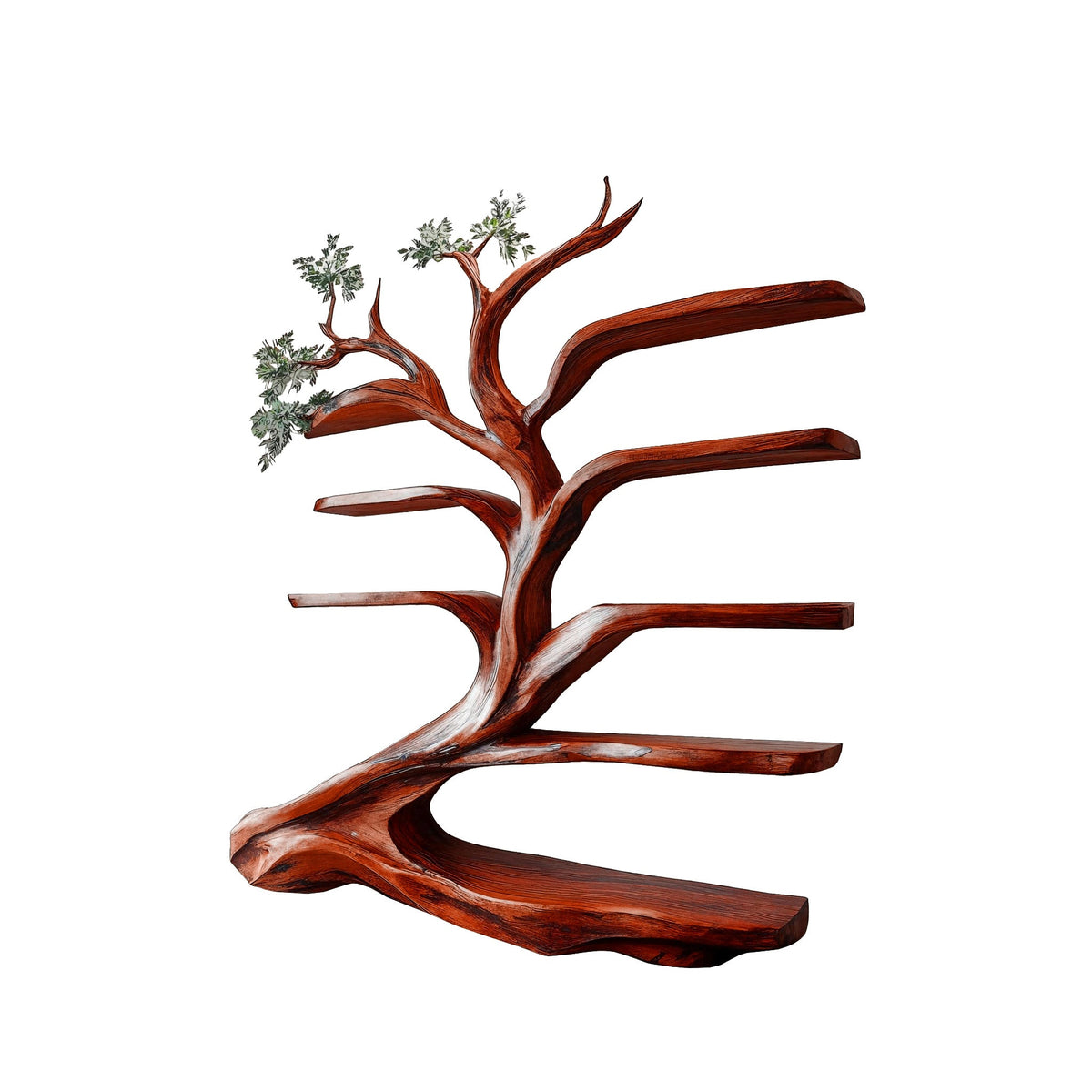 Leaning Tree Live Edge Solid Wood Bookshelf, Floor Standing in Mahogany finish