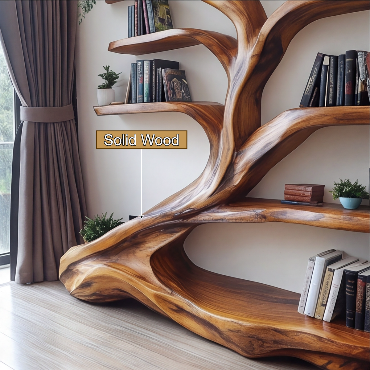 Leaning Tree Live Edge Solid Wood Bookshelf, Floor Standing - view 6