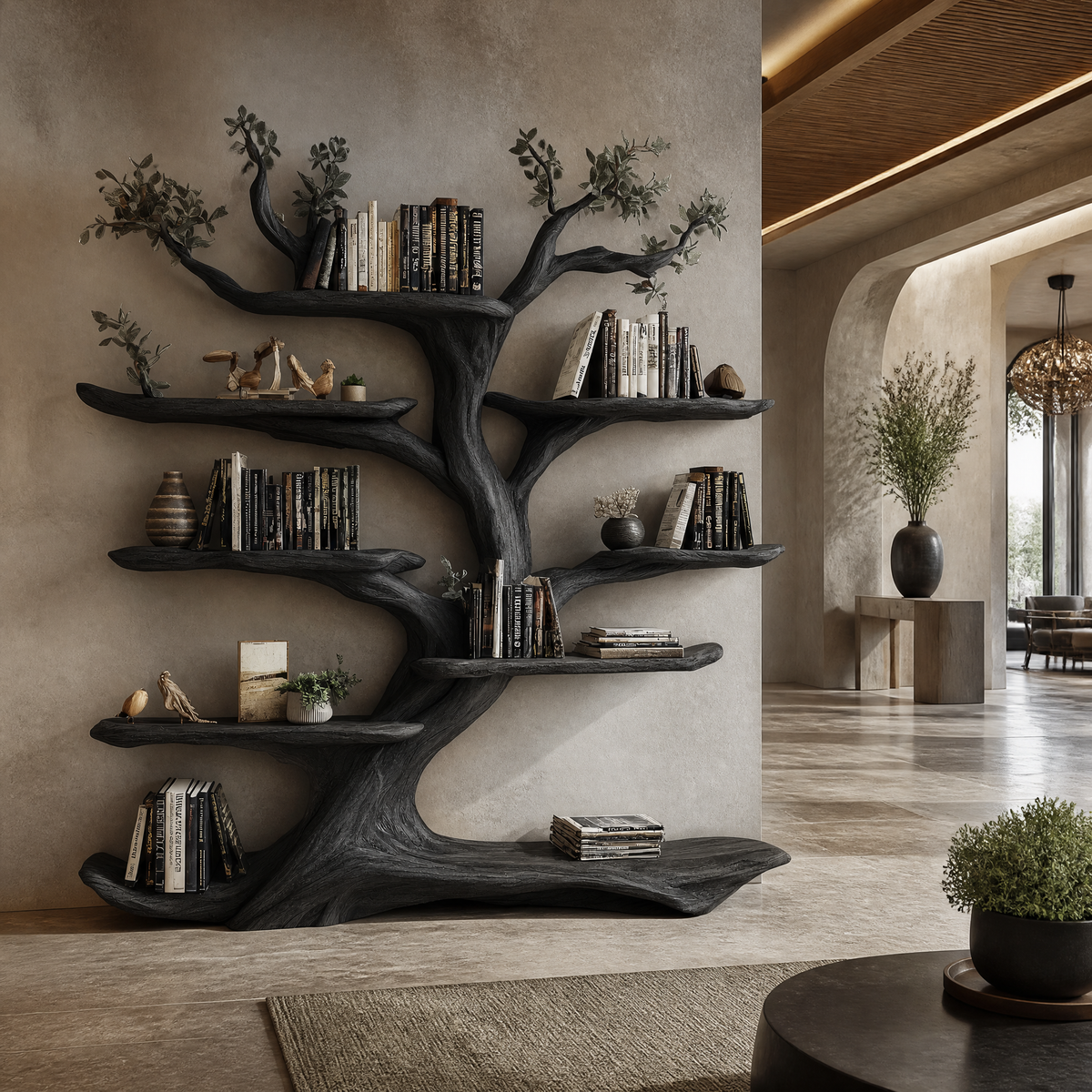 Sculpted Solid Hardwood Tree Bookshelf with Branch Shelving in Black finish