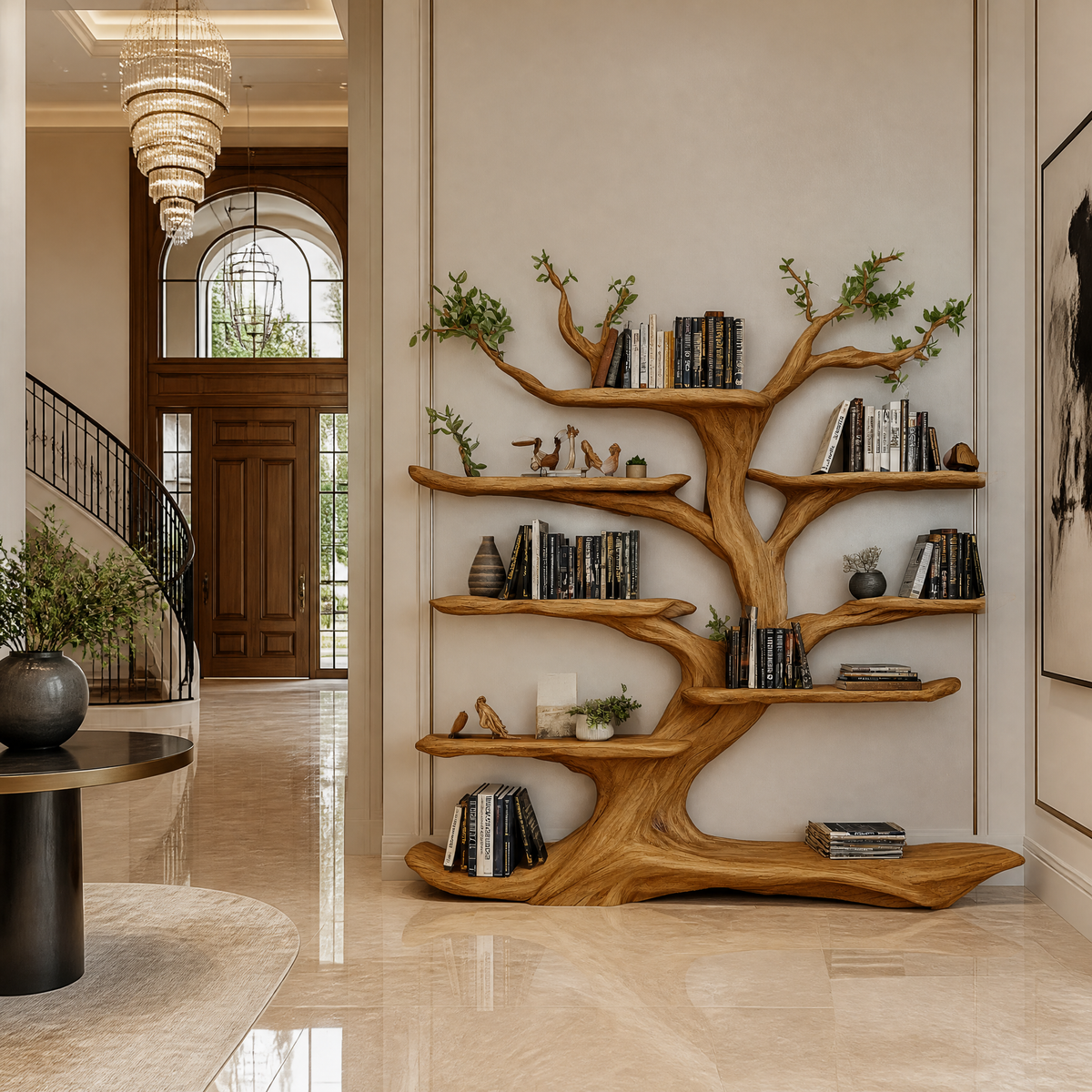 Sculpted Solid Hardwood Tree Bookshelf with Branch Shelving in Teak finish