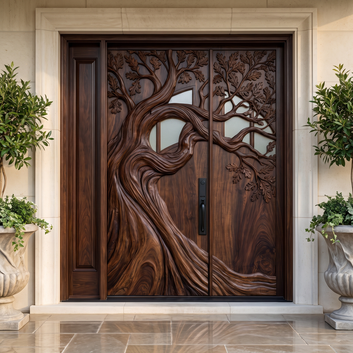 Sculpted Solid Wood Door with Carved Center Panel in Dark Walnut finish