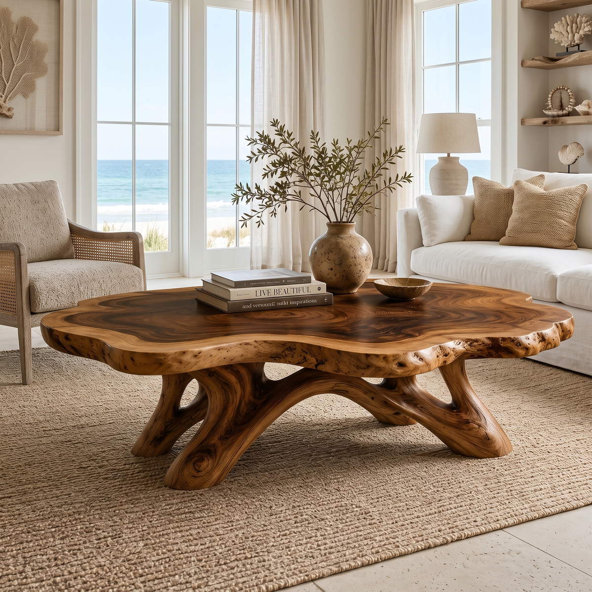 Solid Hardwood Coffee Table with Natural Edge Top and Arched Root Base in Brown finish