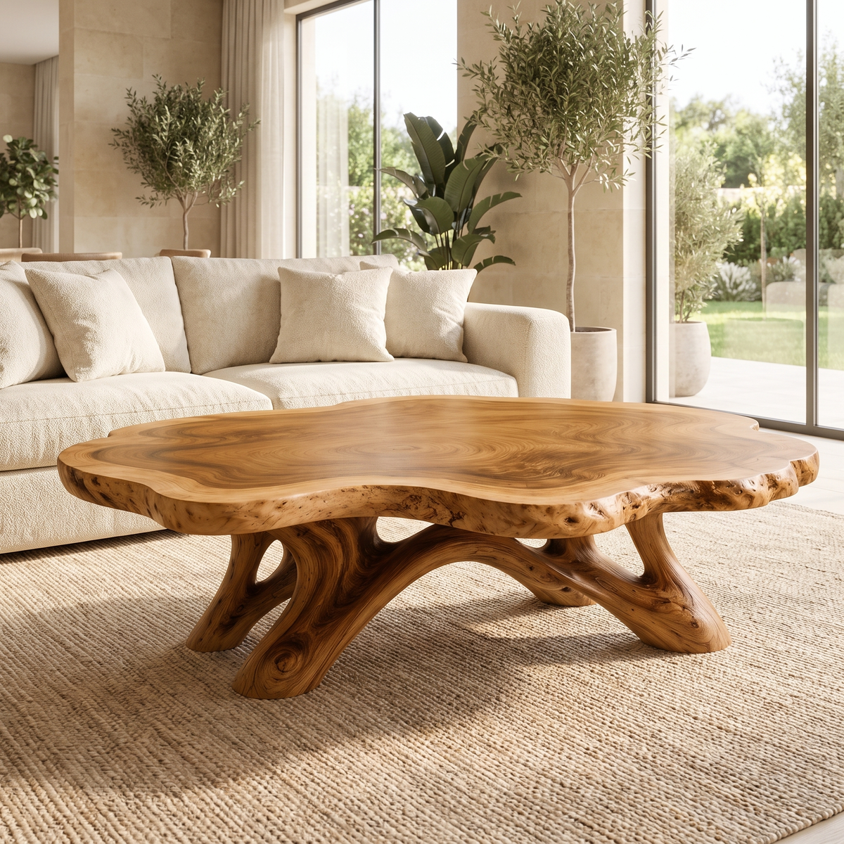 Solid Hardwood Coffee Table with Natural Edge Top and Arched Root Base in Teak finish
