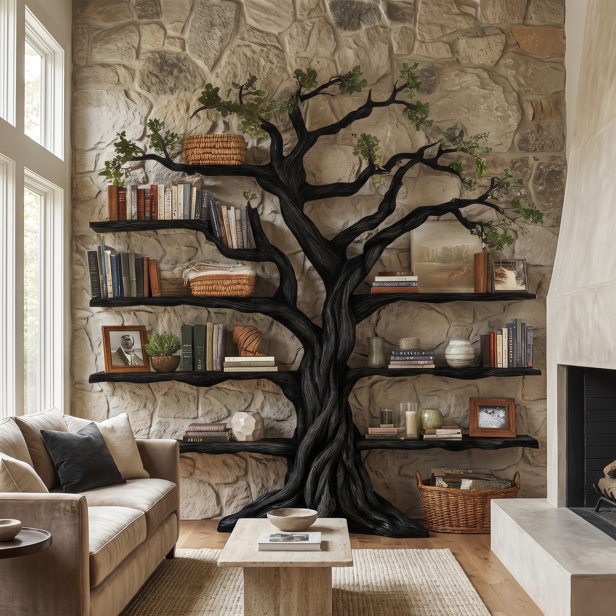 Ancient Tree Solid Hardwood Bookshelf with Bark-Carved Trunk in Black finish