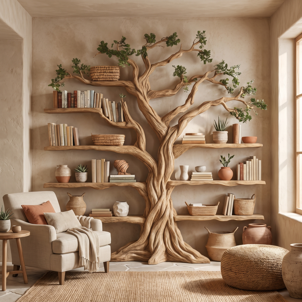 Ancient Tree Solid Hardwood Bookshelf with Bark-Carved Trunk in Natural Oak finish