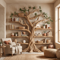 Ancient Tree Solid Hardwood Bookshelf with Bark-Carved Trunk in Natural Oak finish