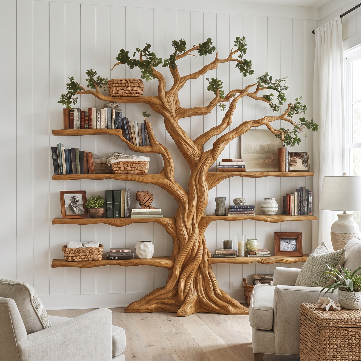 Ancient Tree Solid Hardwood Bookshelf with Bark-Carved Trunk in Teak finish