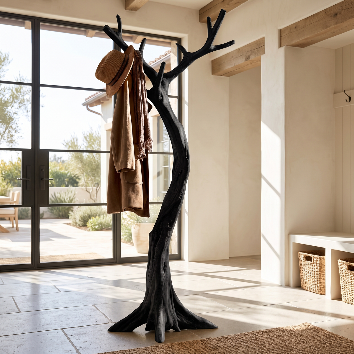 Sculpted Solid Hardwood Tree Coat Rack with Curved Trunk in Black finish