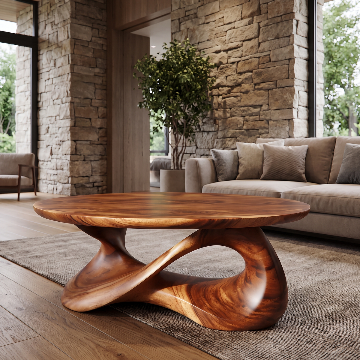 Round Sculpted Solid Wood Coffee Table with Pedestal Base in Brown finish