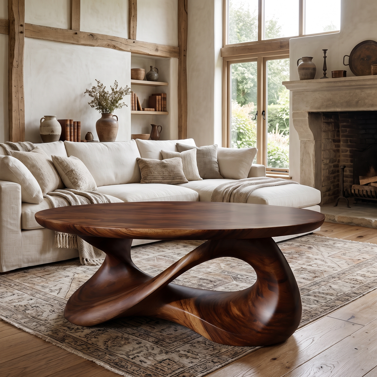 Round Sculpted Solid Wood Coffee Table with Pedestal Base in Dark Walnut finish