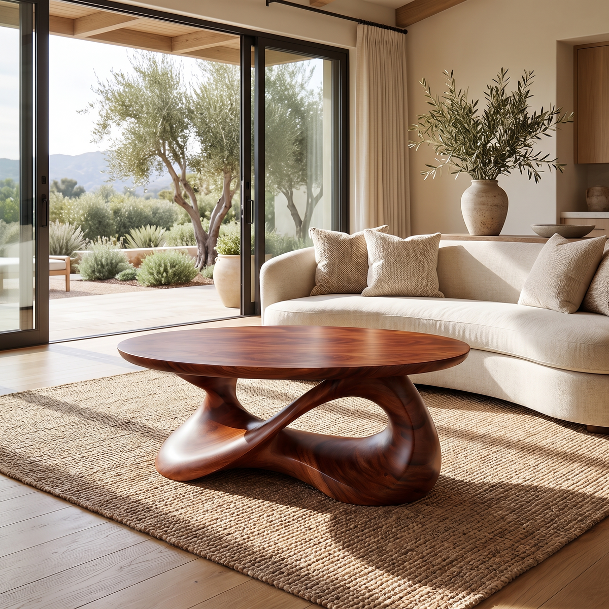 Round Sculpted Solid Wood Coffee Table with Pedestal Base in Mahogany finish