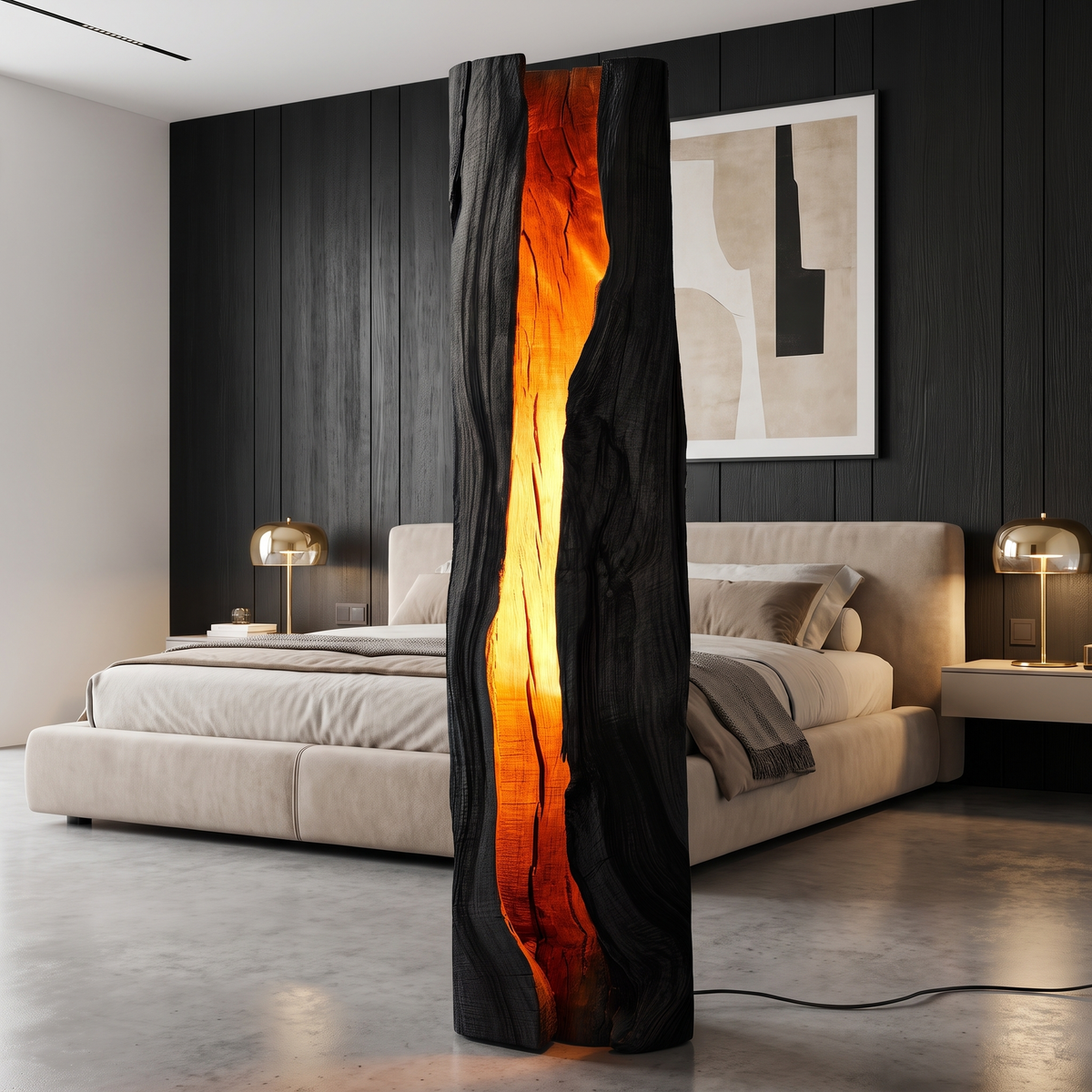 Live Edge Solid Wood Floor Lamp with Integrated LED Center Split in Black finish