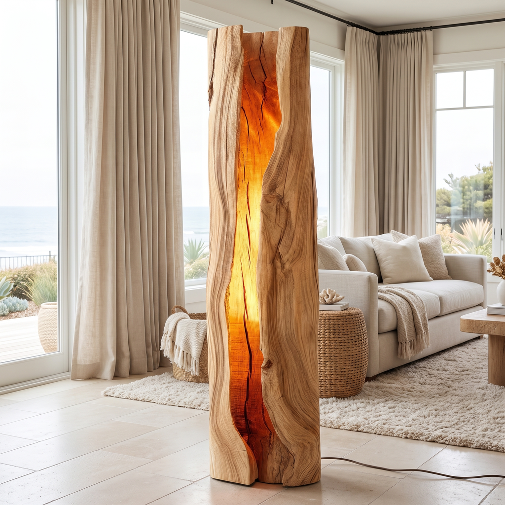 Live Edge Solid Wood Floor Lamp with Integrated LED Center Split in Natural Oak finish