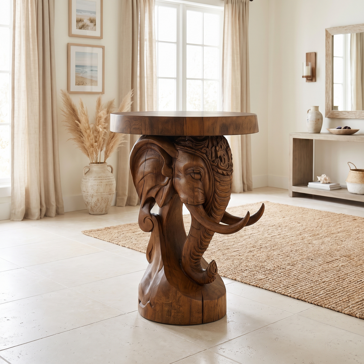 Elephant Carved Solid Hardwood Pedestal Stand with Round Top in Brown finish