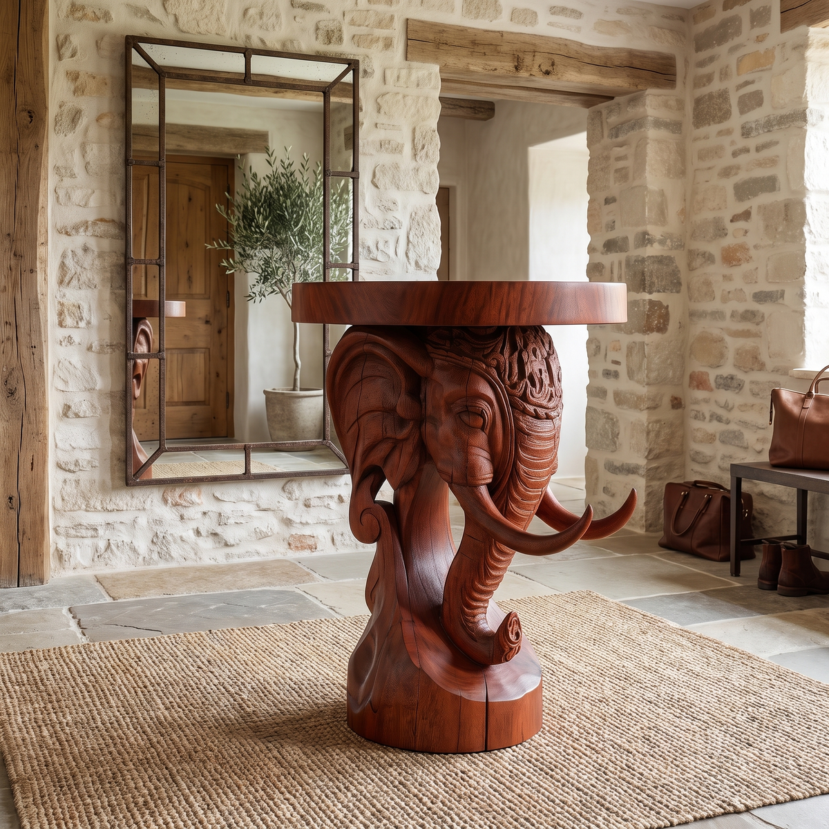 Elephant Carved Solid Hardwood Pedestal Stand with Round Top in Mahogany finish