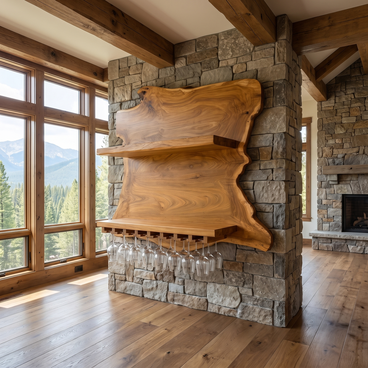 Live Edge Wood Wall Wine Shelf with Integrated Stemware Rack in Teak finish