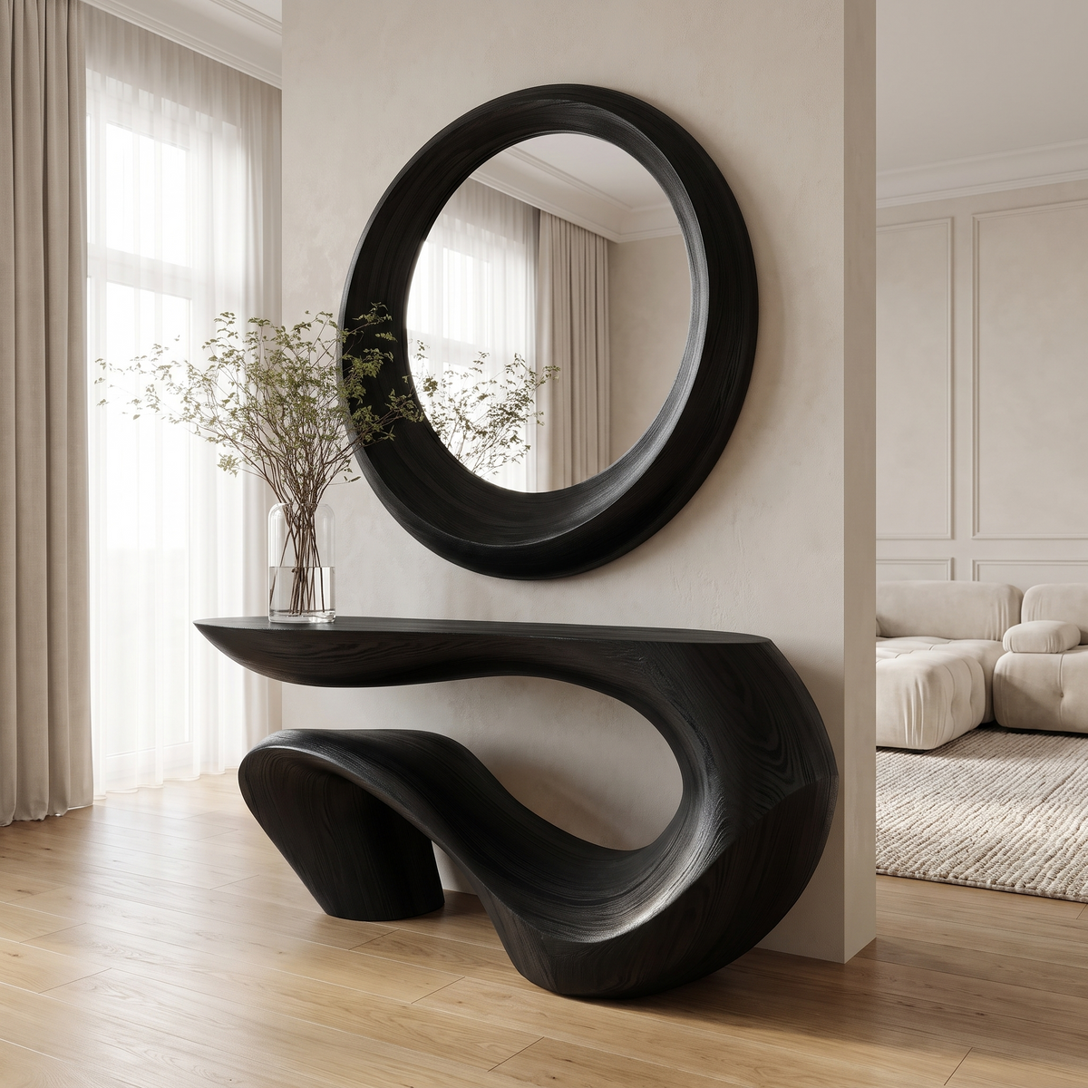 Sculpted Solid Wood Console Table with Wave Asymmetrical Base in Black finish