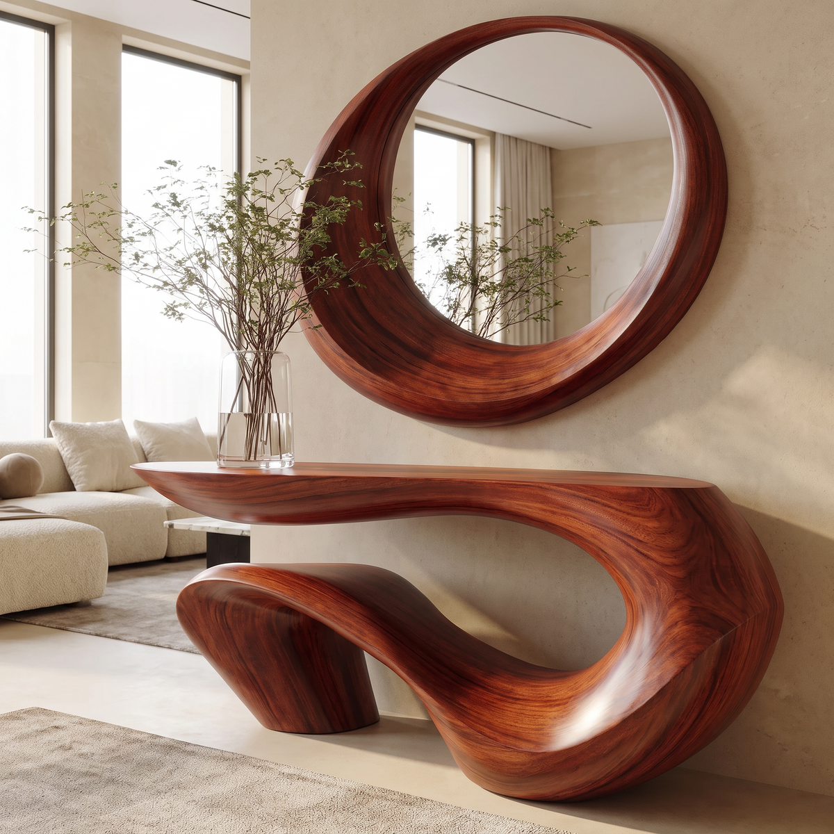 Sculpted Solid Wood Console Table with Wave Asymmetrical Base in Mahogany finish