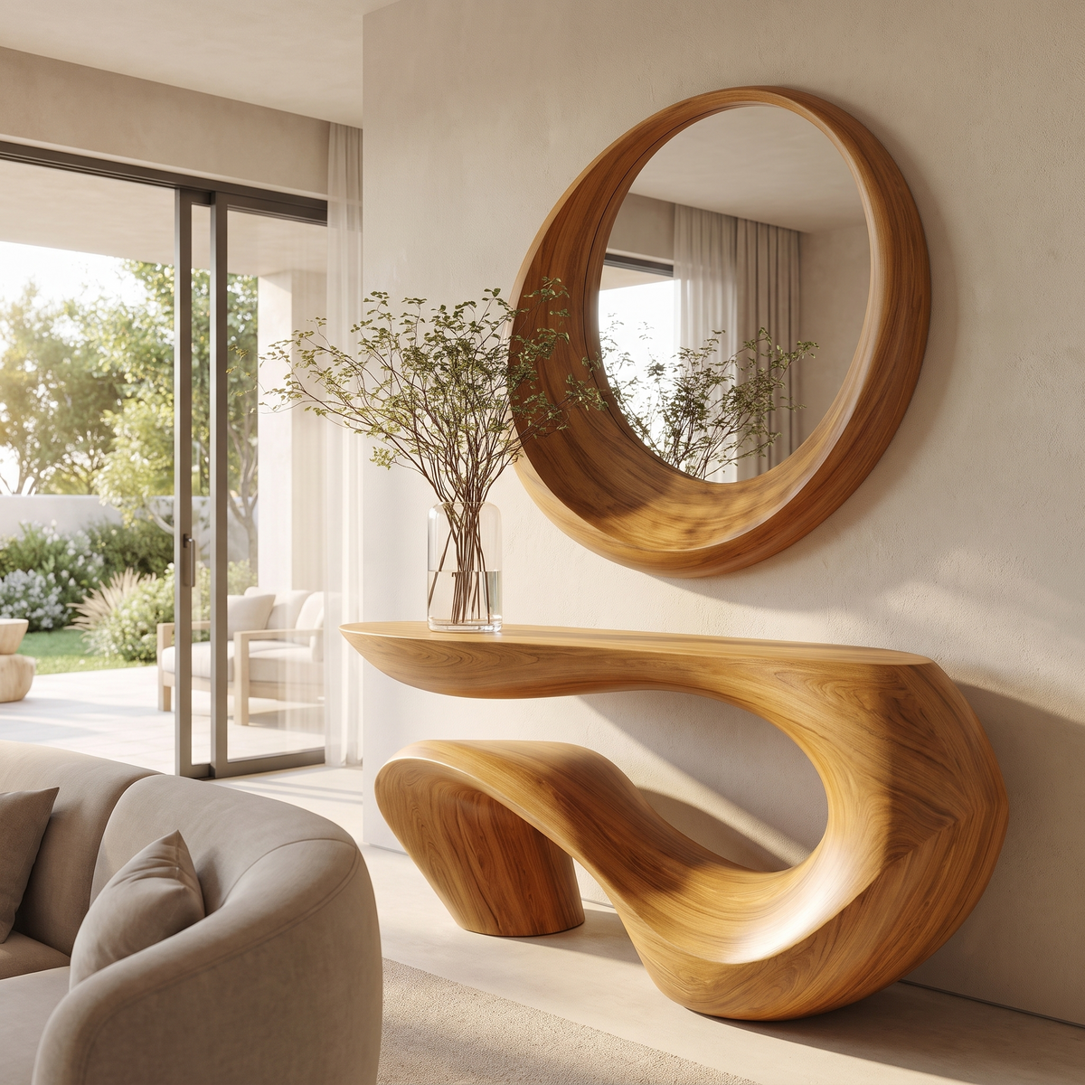 Sculpted Solid Wood Console Table with Wave Asymmetrical Base in Teak finish