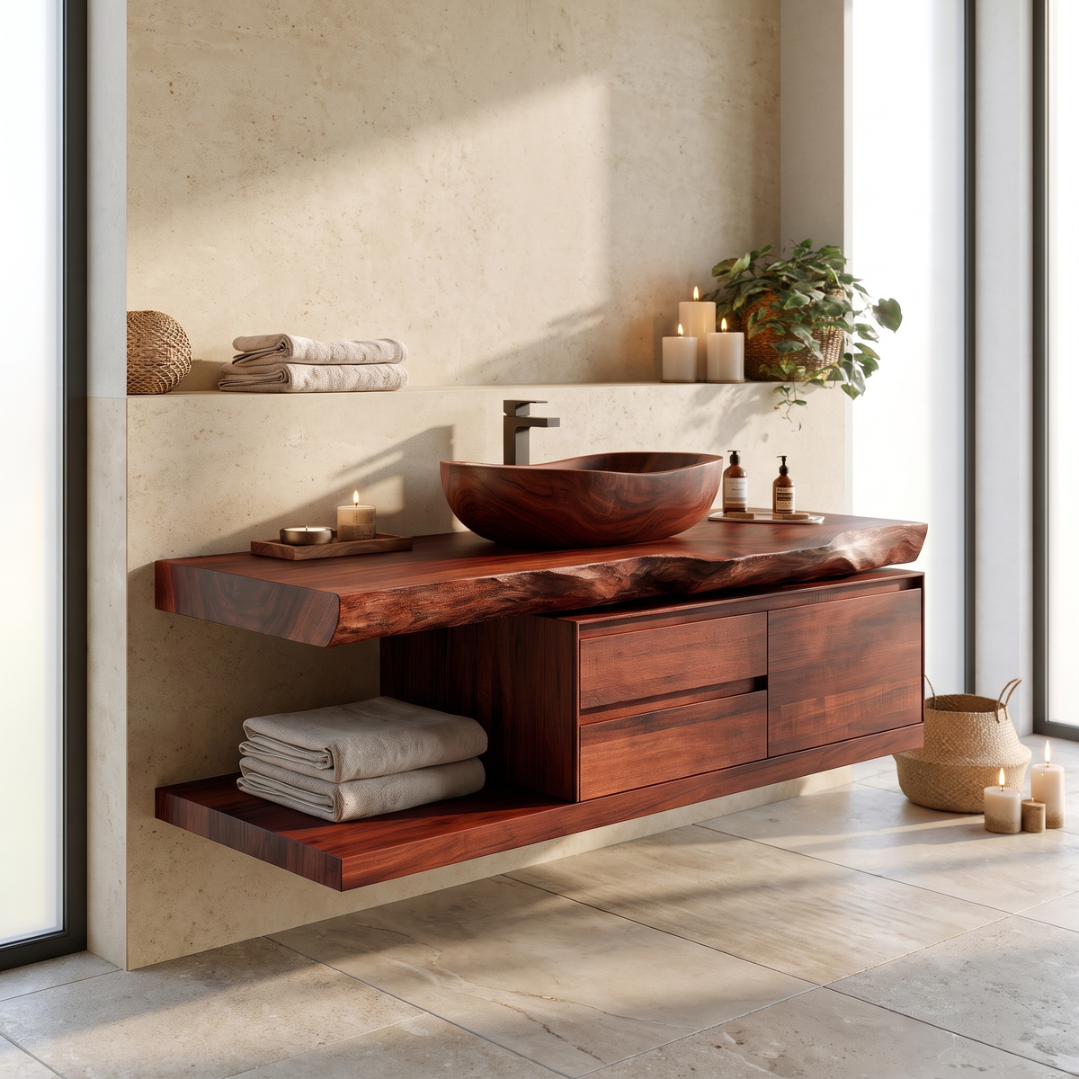 Live Edge Solid Wood Floating Vanity with Soft-Close Drawers in Mahogany finish