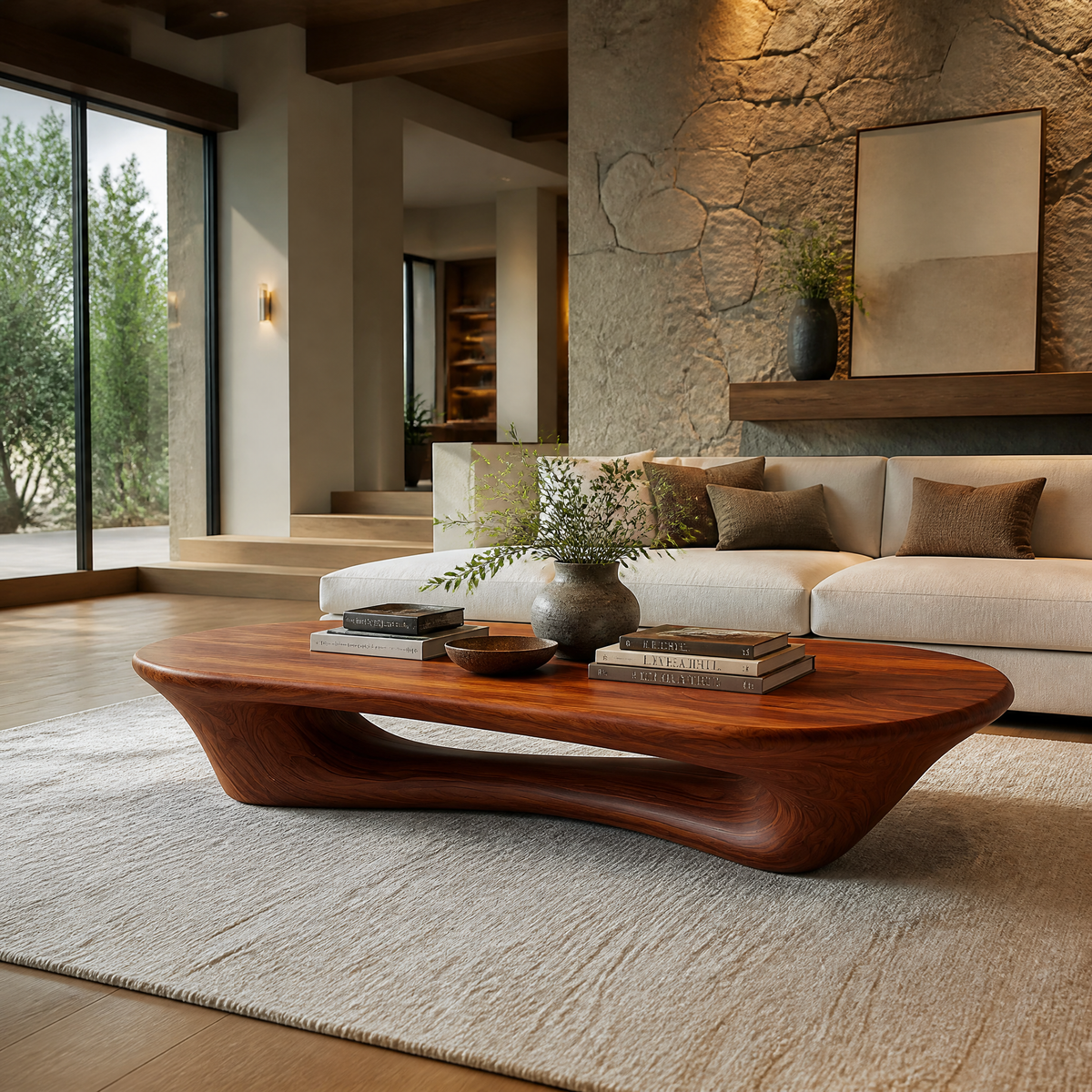 Sculpted Solid Wood Loop Base Coffee Table with Rounded Top in Mahogany finish
