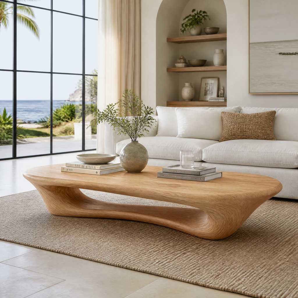 Sculpted Solid Wood Loop Base Coffee Table with Rounded Top in Natural Oak finish