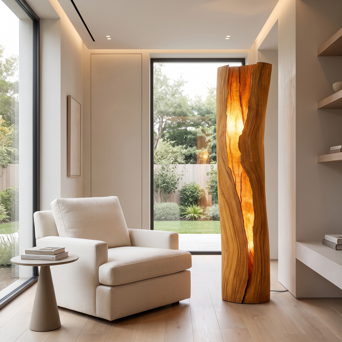 Live Edge Solid Hardwood Floor Lamp with Integrated LED Fissure in Teak finish