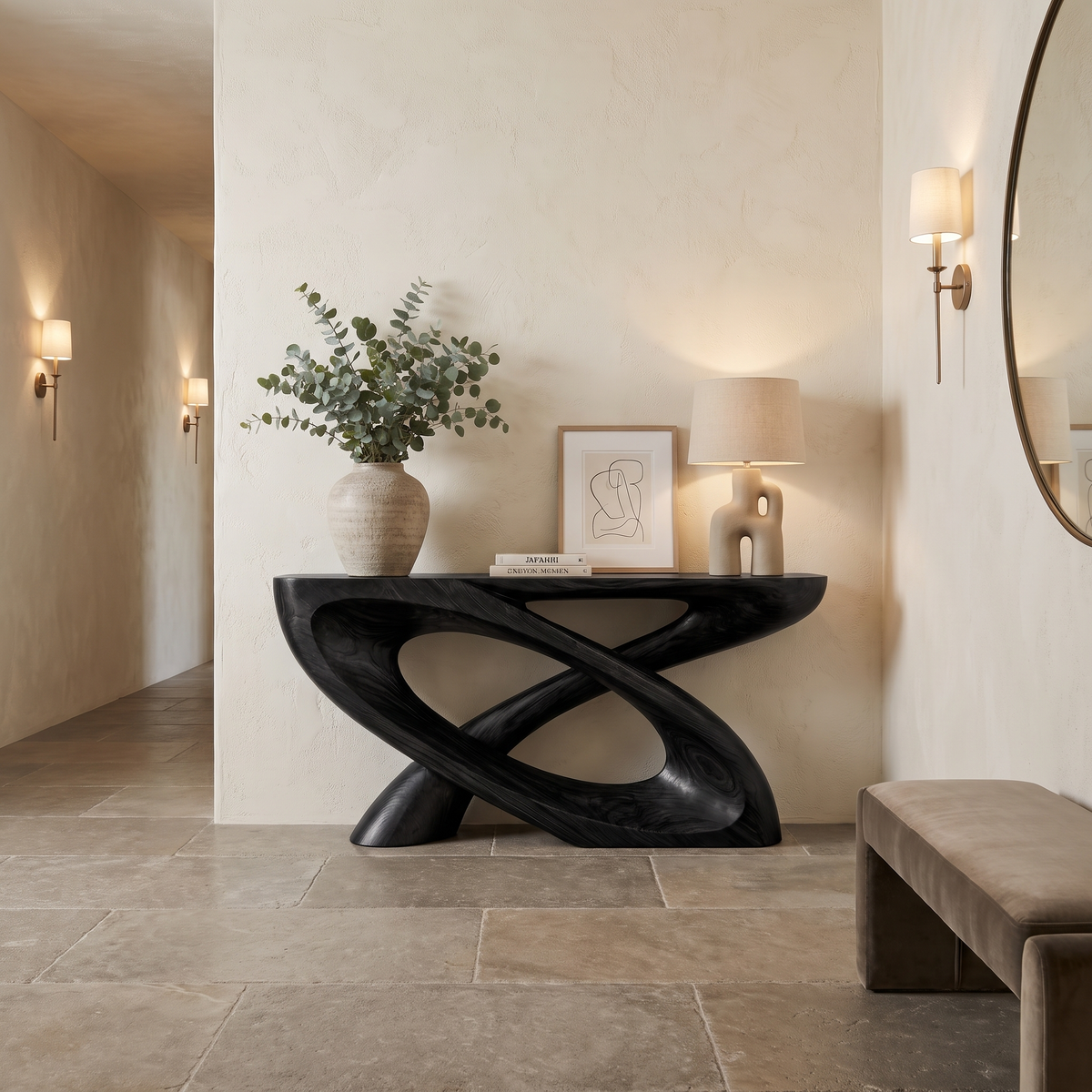 Sculpted Solid Hardwood Console Table with Looped Pedestal Base in Black finish