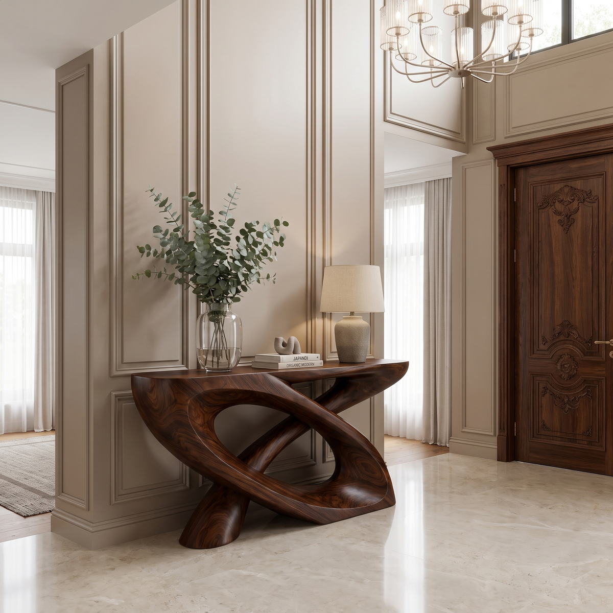 Sculpted Solid Hardwood Console Table with Looped Pedestal Base in Dark Walnut finish