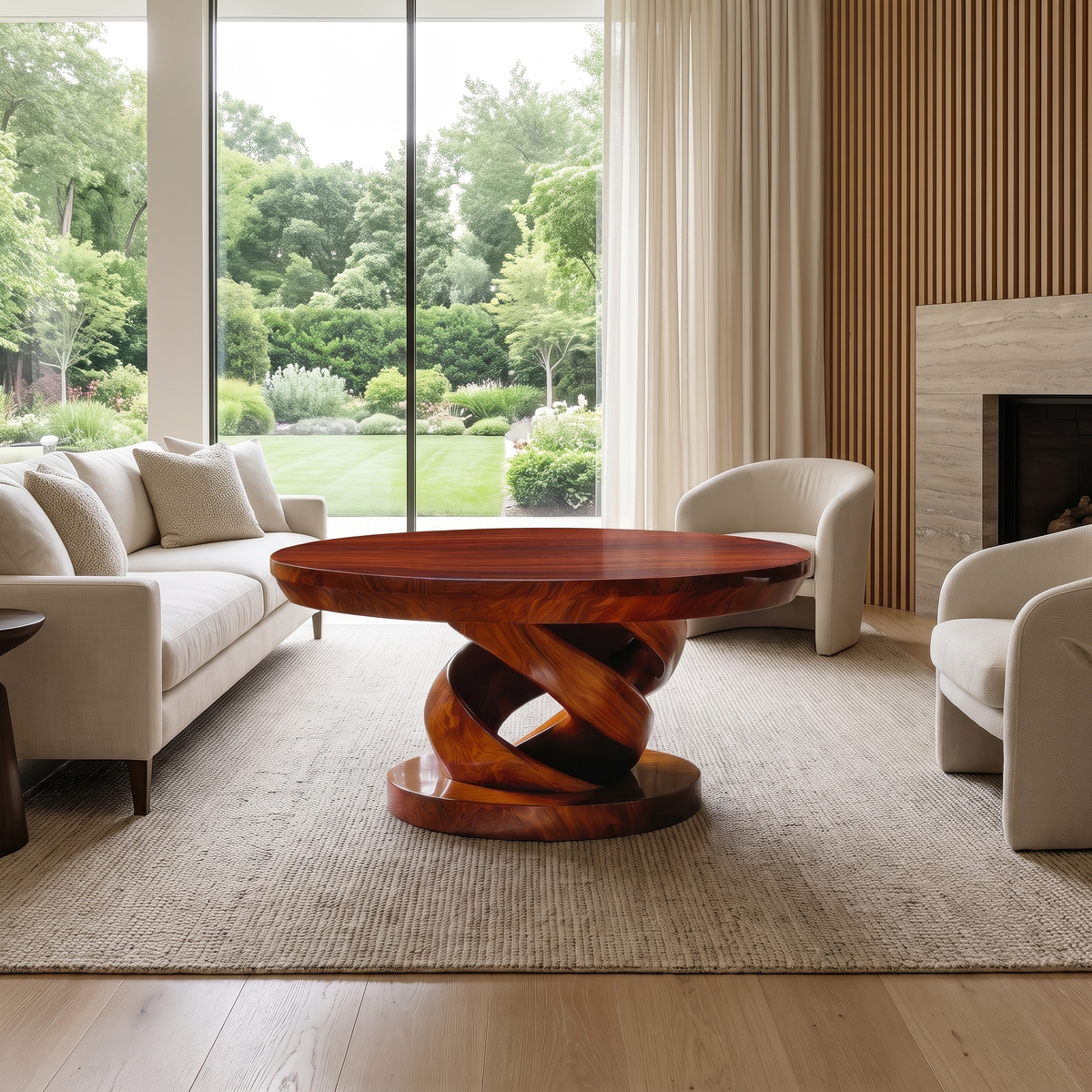 Round Solid Wood Coffee Table with Twisted Pedestal Base in Mahogany finish