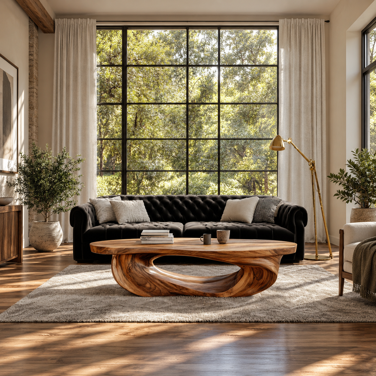 Low Sculpted Wood Coffee Table with Oval Loop Base