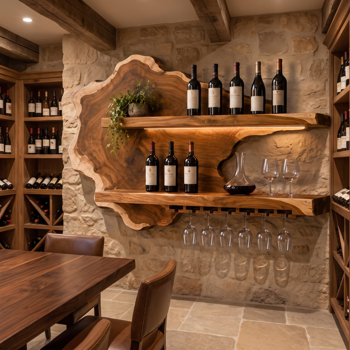 Live Edge Floating Wine Shelf with Back Panel and Stemware Rack in Teak finish