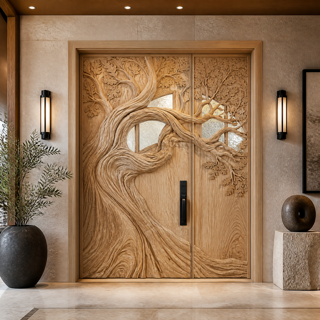 Sculpted Solid Wood Door with Carved Center Panel in Natural Oak finish