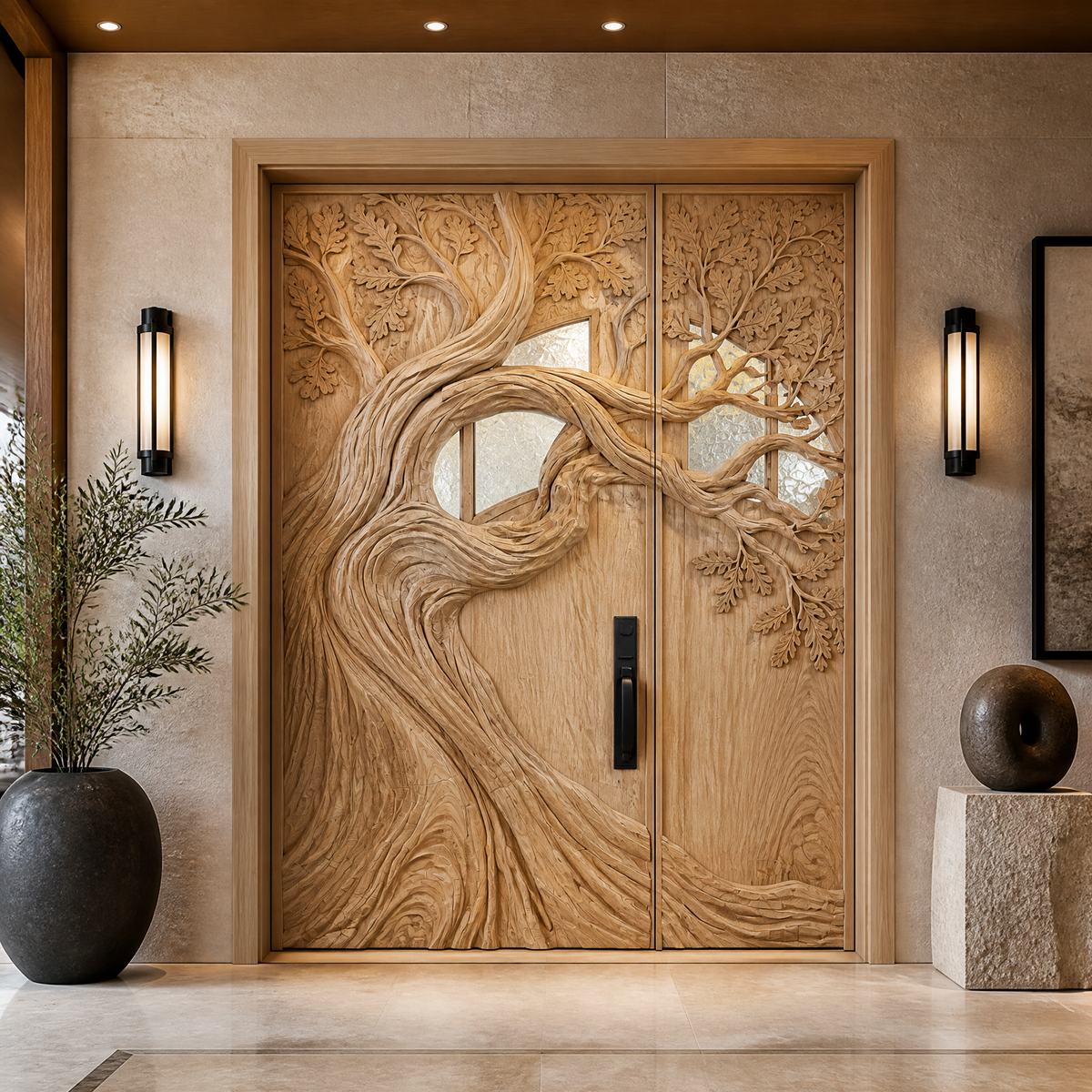 Sculpted Solid Wood Door with Carved Center Panel in Natural Oak finish