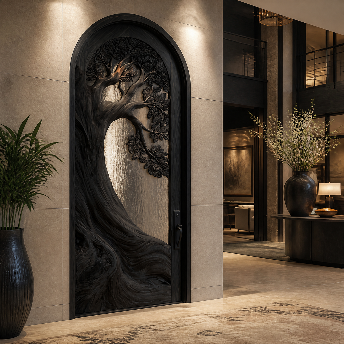 Carved Tree Relief Solid Wood Arched Door with Textured Glass in Black finish