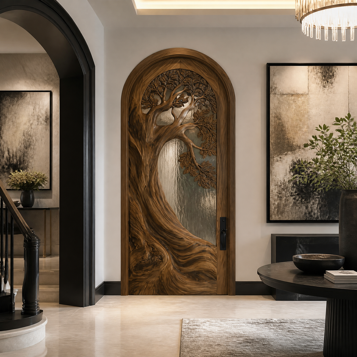 Carved Tree Relief Solid Wood Arched Door with Textured Glass in Brown finish