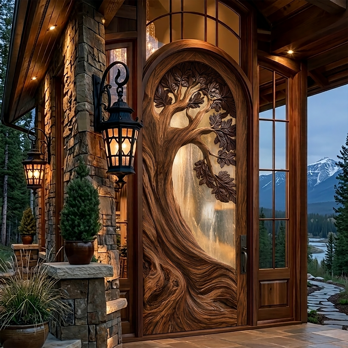 Carved Tree Relief Solid Wood Arched Door with Textured Glass in Dark Walnut finish
