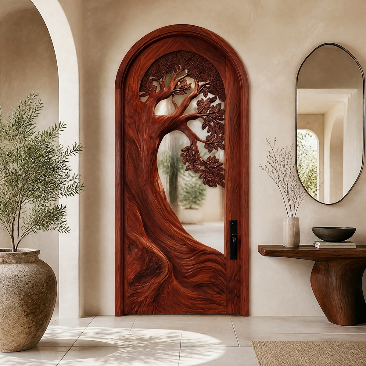 Carved Tree Relief Solid Wood Arched Door with Textured Glass in Mahogany finish