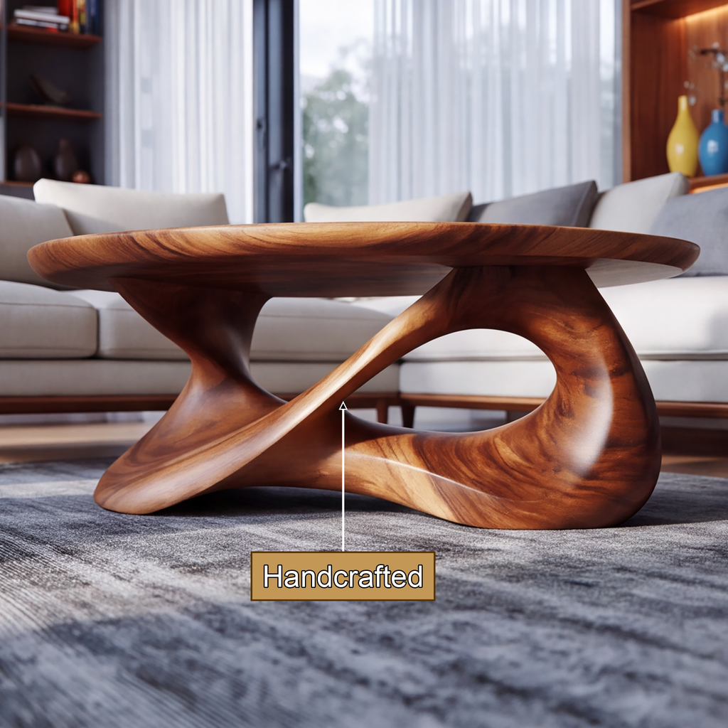 Round Sculpted Solid Wood Coffee Table with Pedestal Base - view 9