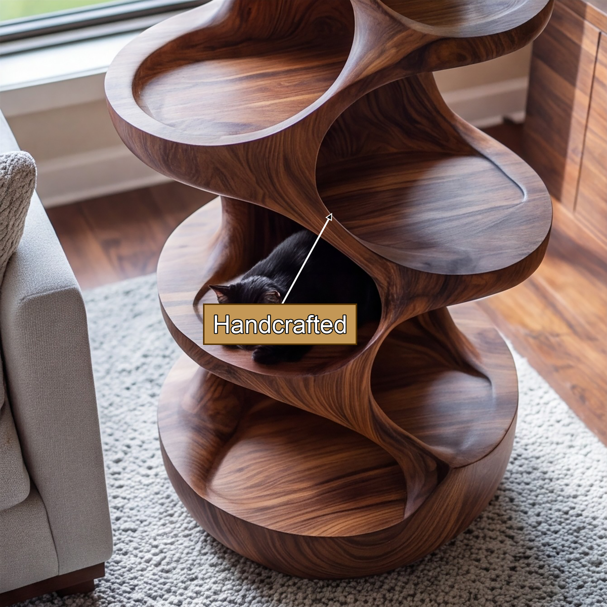 Sculpted Solid Wood Cat Tree with Hollowed Perching Platforms - view 5