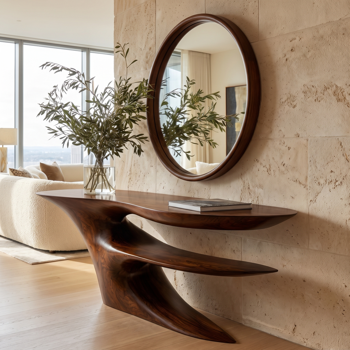 Cantilever Sculpted Solid Wood Console Table with Lower Shelf in Dark Walnut finish