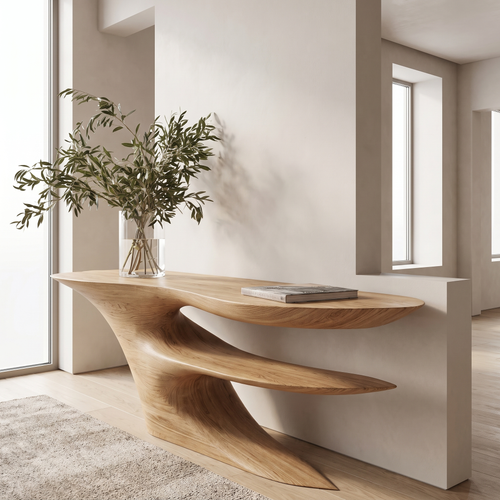 Cantilever Sculpted Solid Wood Console Table with Lower Shelf in Natural Oak finish