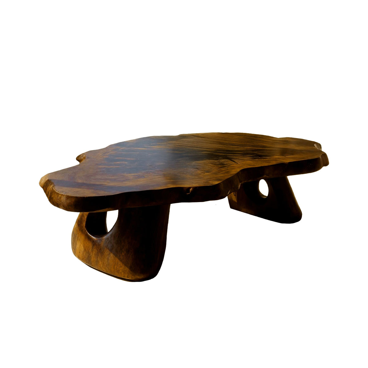 Sculpted Live Edge Coffee Table Carved from a Single Wood Slab in Brown finish