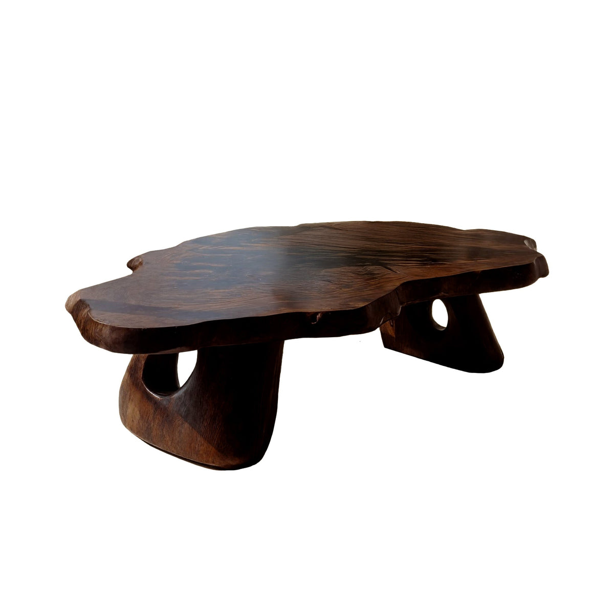 Sculpted Live Edge Coffee Table Carved from a Single Wood Slab in Dark Walnut finish