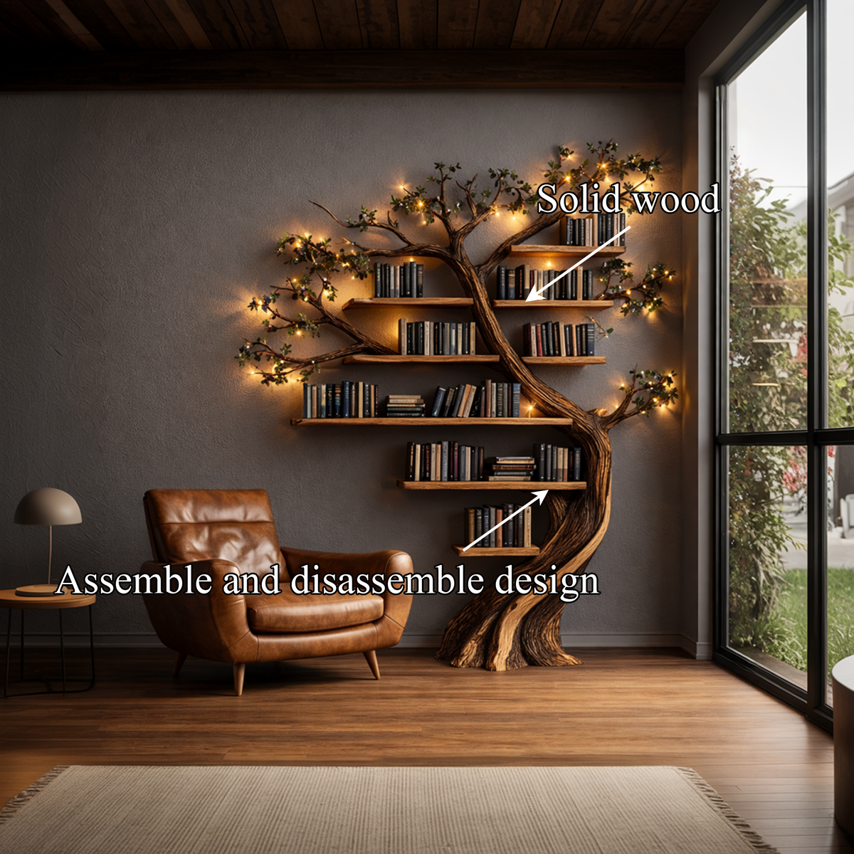 Rustic Tree Branch Bookshelf with Floral Pattern, 60 x 80 in - view 3