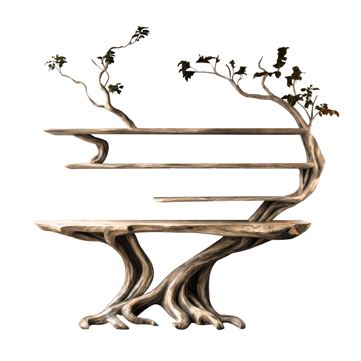 Tree Root Solid Wood Console Table with Live Edge Wall Shelves in Natural Oak finish