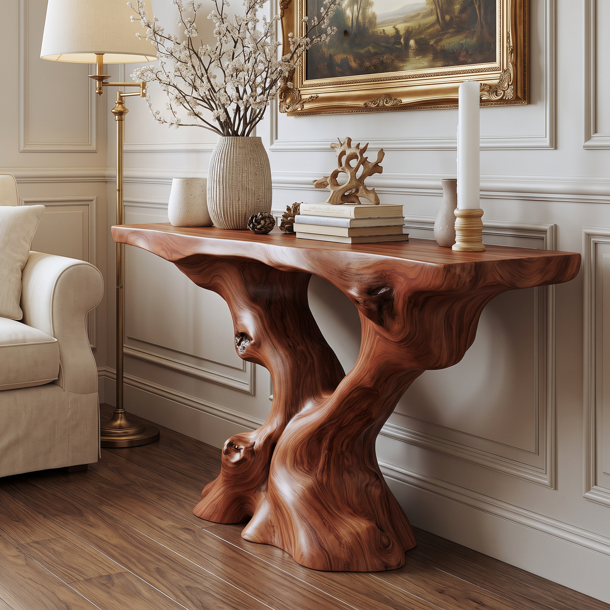 Root-Inspired Solid Wood Console Table with Natural Edge Top in Mahogany finish