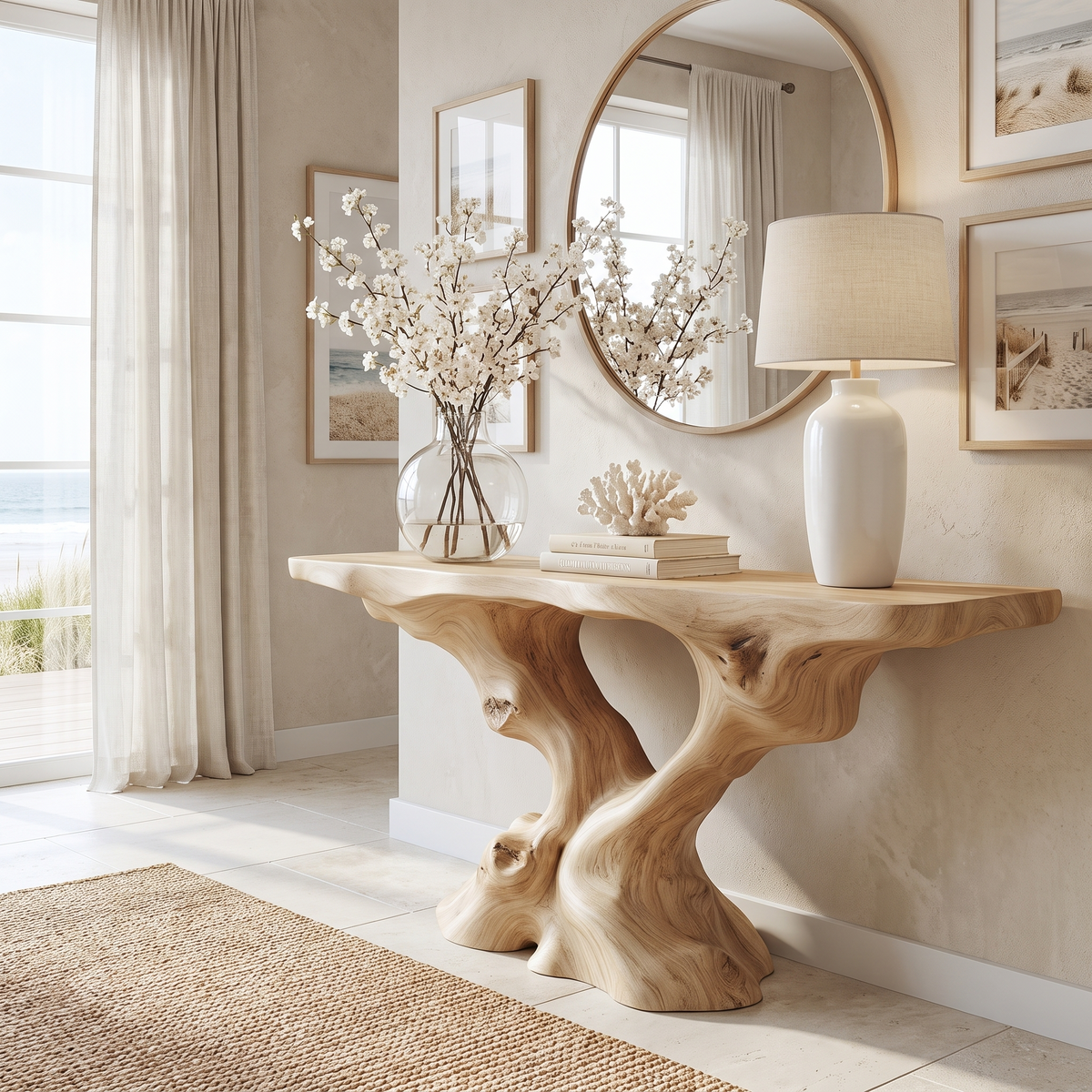 Root-Inspired Solid Wood Console Table with Natural Edge Top in Natural Oak finish
