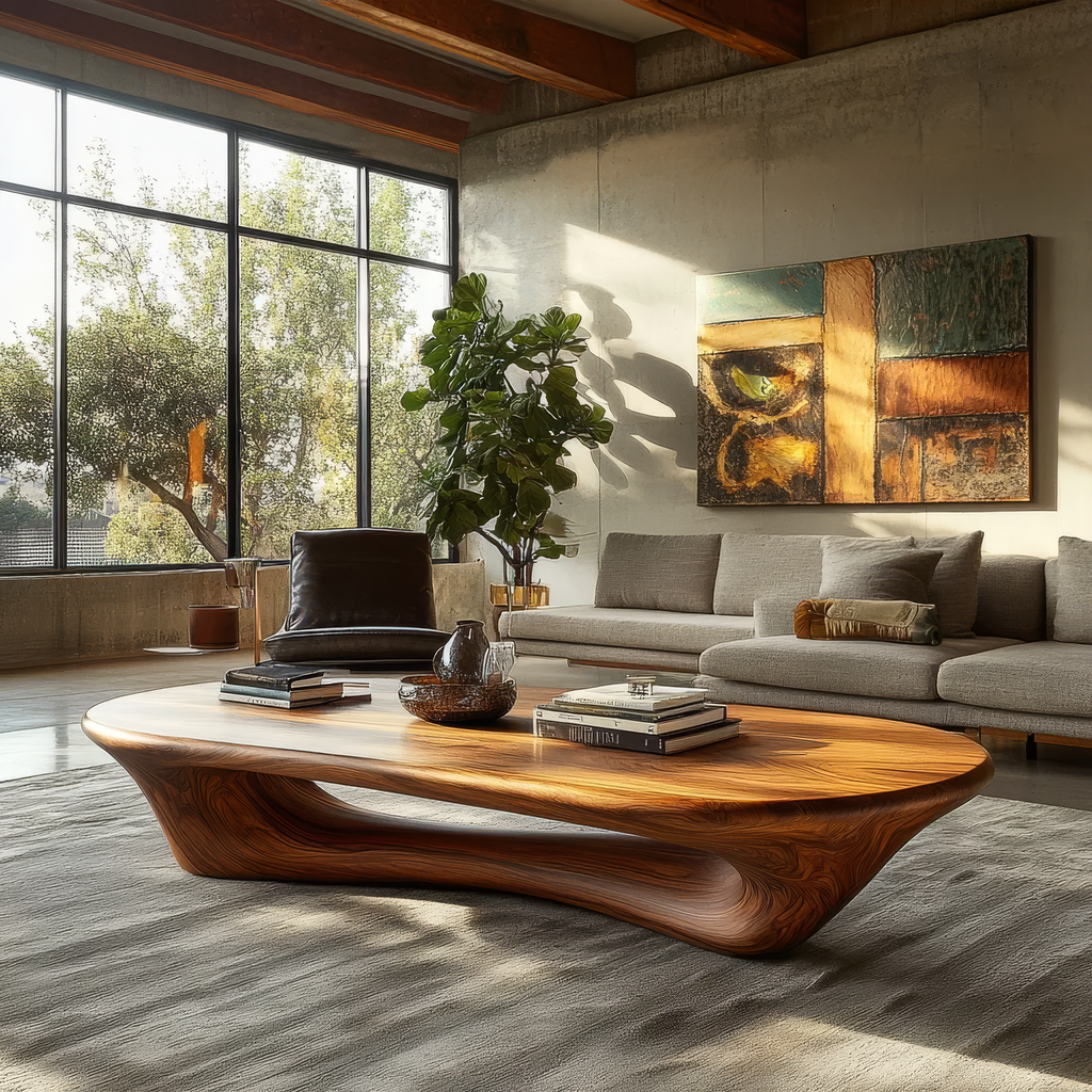 Sculpted Solid Wood Loop Base Coffee Table with Rounded Top