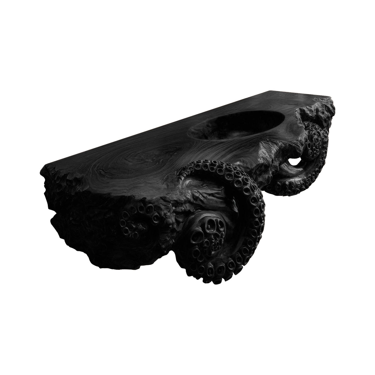 Octopus Carved Live Edge Floating Vanity with Integrated Sink in Black finish